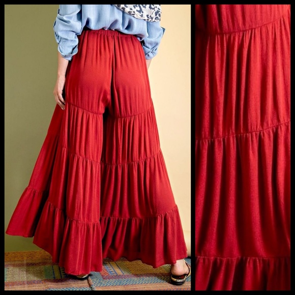 easel Pants & Jumpsuits Easel Lightweight Flowy Multitiered Ruffled Drawstring Pants Ultra